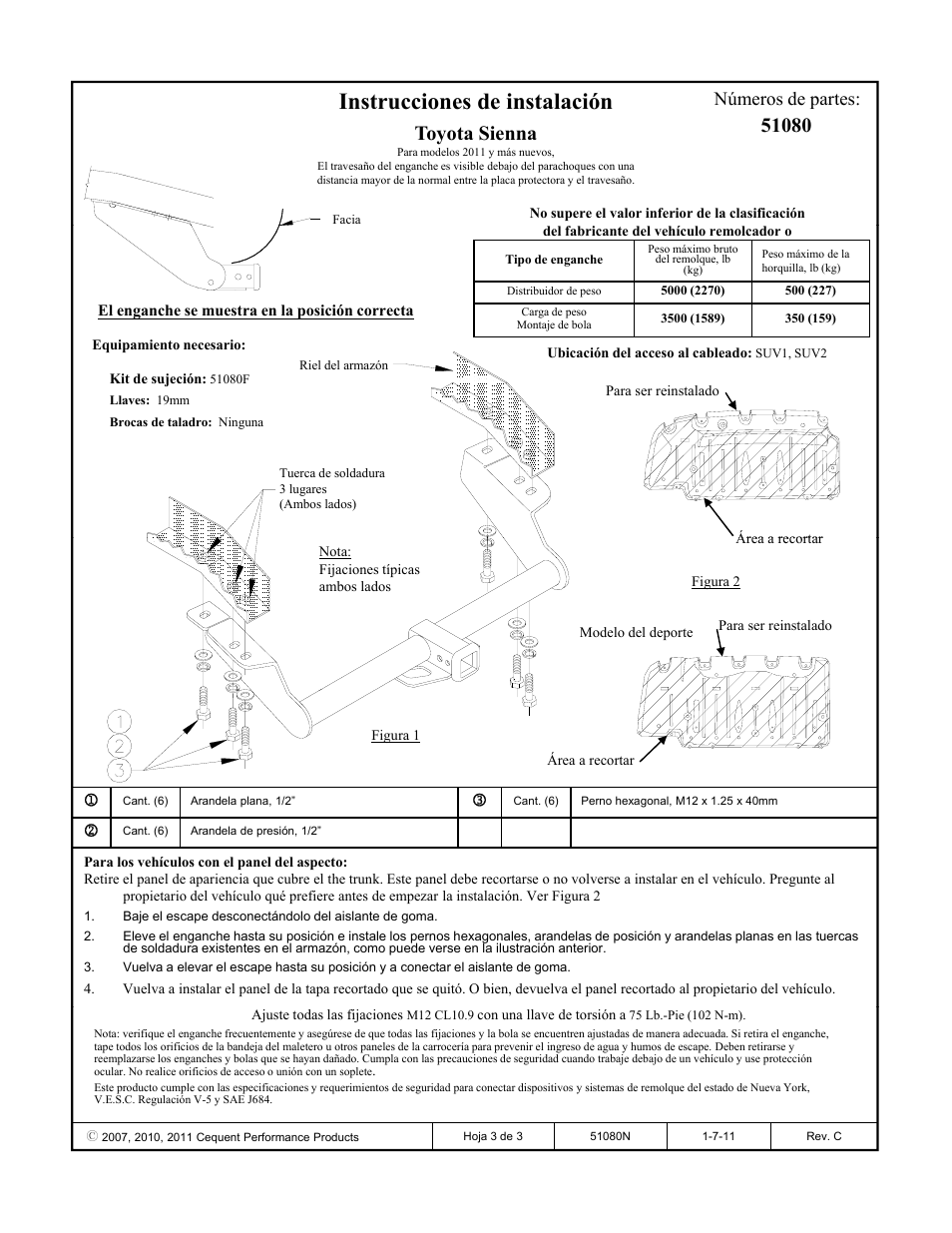 Instrucciones de instalación, Toyota sienna, Números de partes | Pro Series 51080 51 Receiver User Manual | Page 3 / 3