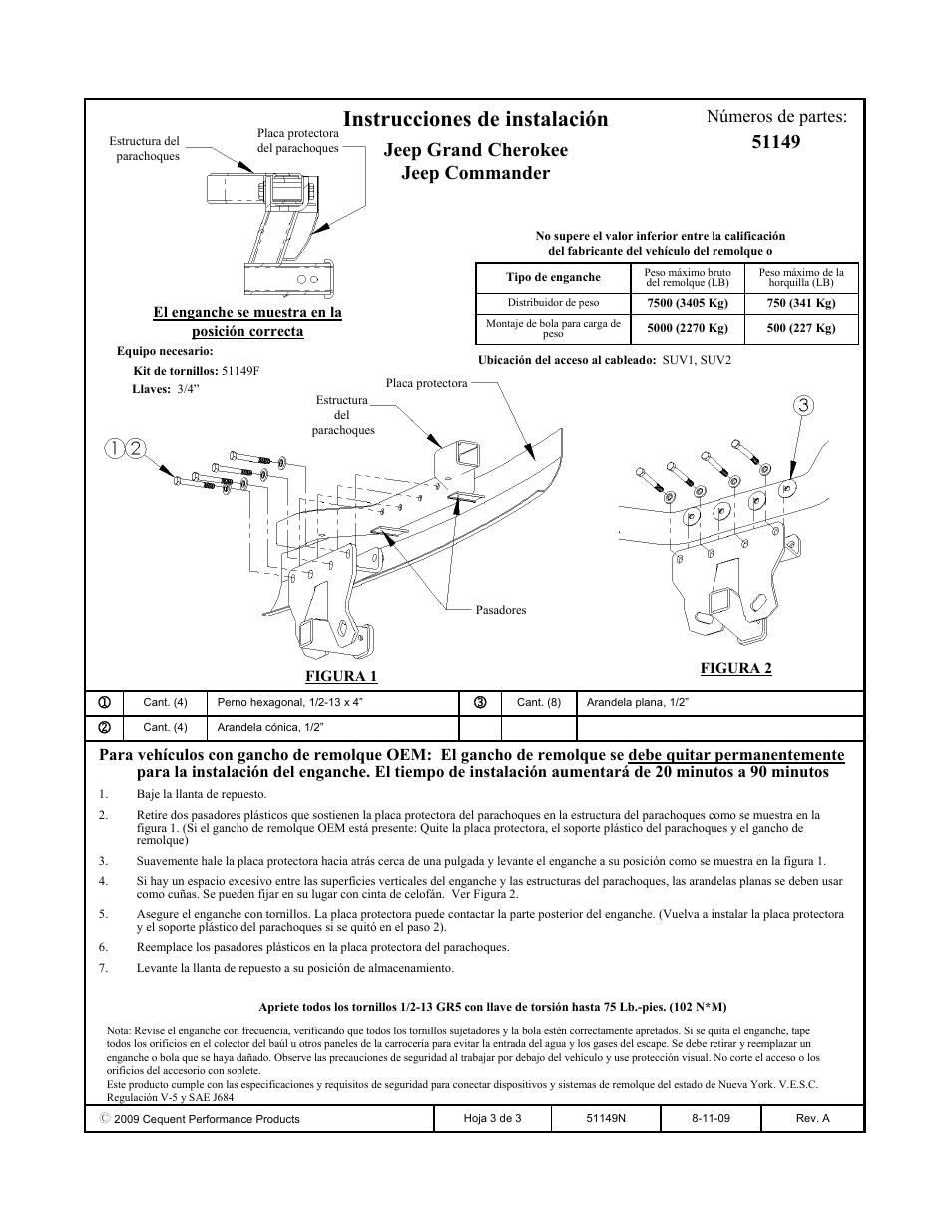 Instrucciones de instalación, Jeep grand cherokee jeep commander, Números de partes | Pro Series 51149 51 Receiver User Manual | Page 3 / 3