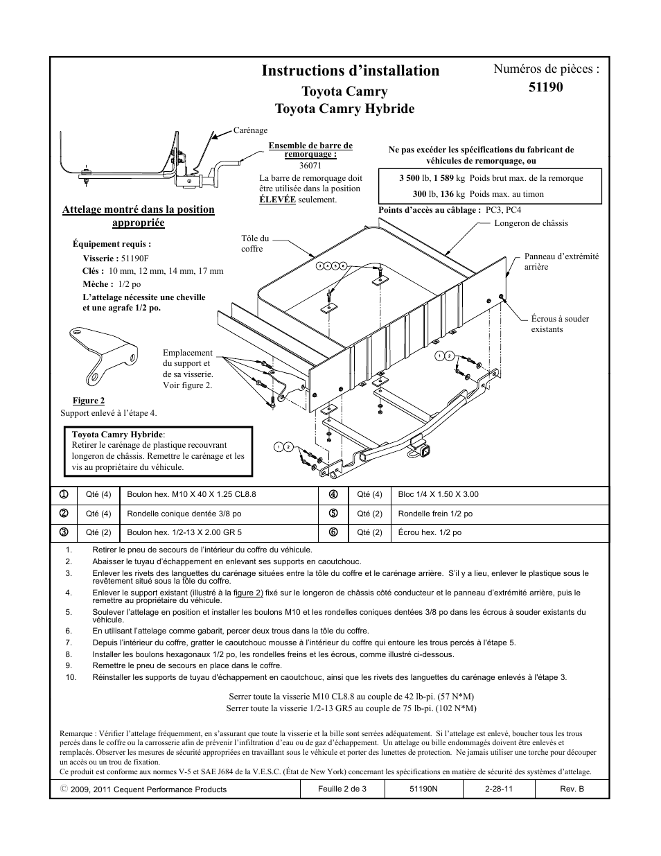 Instructions d’installation, Toyota camry toyota camry hybride, Numéros de pièces | Pro Series 51190 51 Receiver User Manual | Page 2 / 3