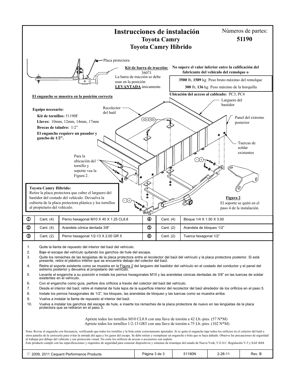 Instrucciones de instalación, Toyota camry toyota camry híbrido, Números de partes | Pro Series 51190 51 Receiver User Manual | Page 3 / 3