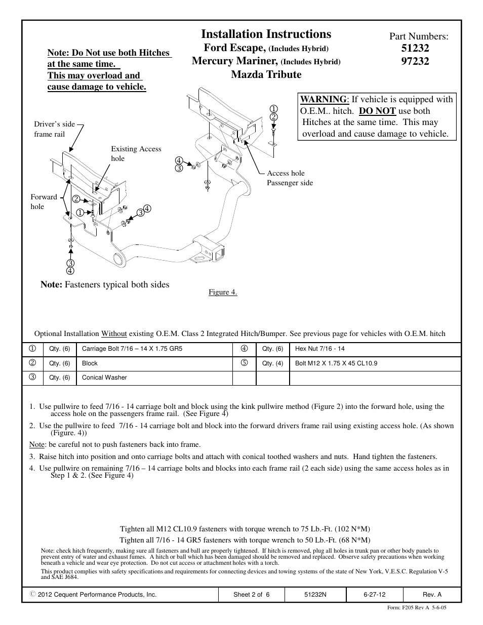 Installation instructions, Ford escape, Mercury mariner | Mazda tribute, Part numbers | Pro Series 97232 51 Receiver User Manual | Page 2 / 6