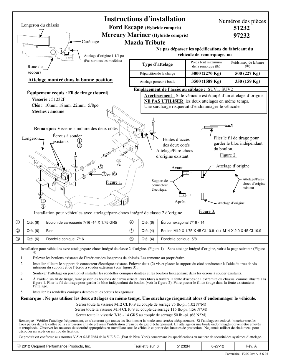 Instructions d’installation, Ford escape, Mercury mariner | Mazda tribute, Numéros des pièces | Pro Series 97232 51 Receiver User Manual | Page 3 / 6