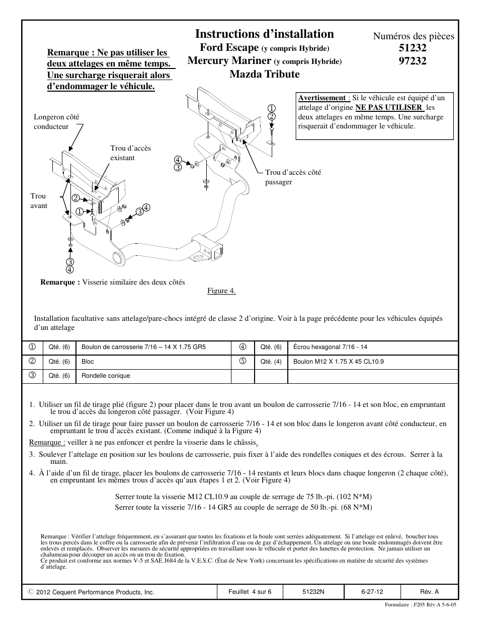 Instructions d’installation, Ford escape, Mercury mariner | Mazda tribute, Numéros des pièces | Pro Series 97232 51 Receiver User Manual | Page 4 / 6