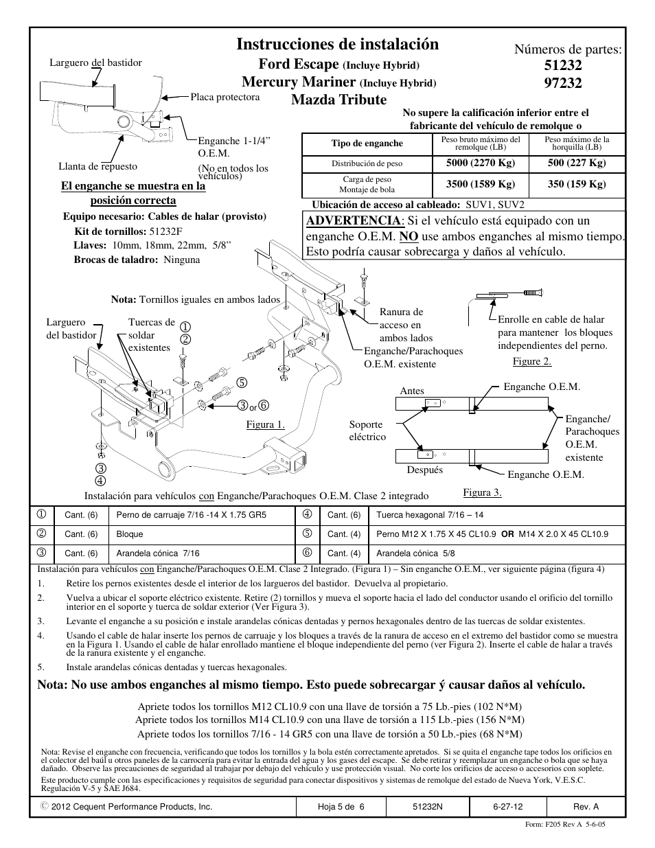 Instrucciones de instalación, Ford escape, Mercury mariner | Mazda tribute, Números de partes | Pro Series 97232 51 Receiver User Manual | Page 5 / 6