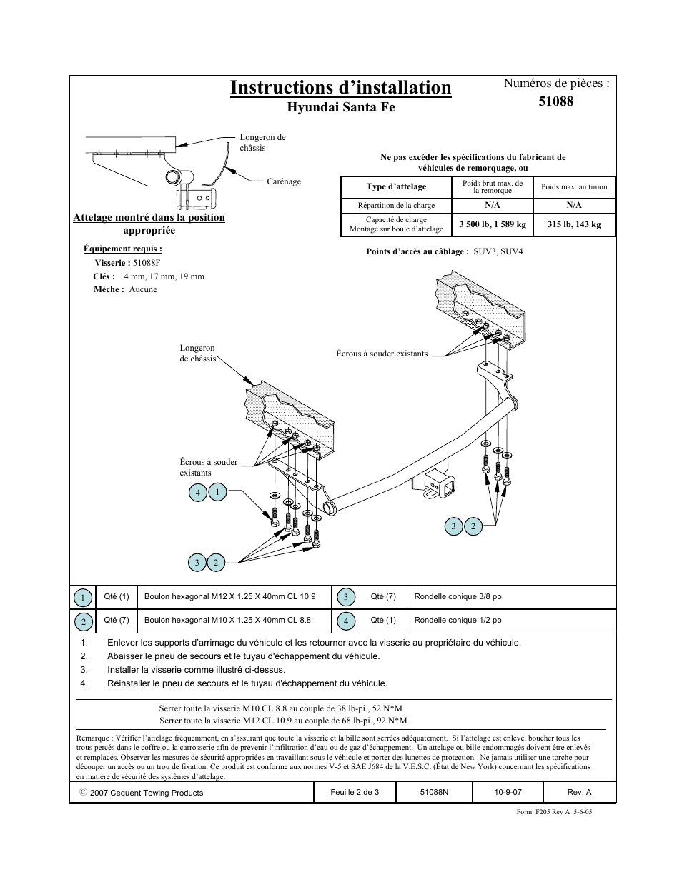 Instructions d’installation, Hyundai santa fe, Numéros de pièces | Pro Series 51088 51 Receiver User Manual | Page 2 / 3