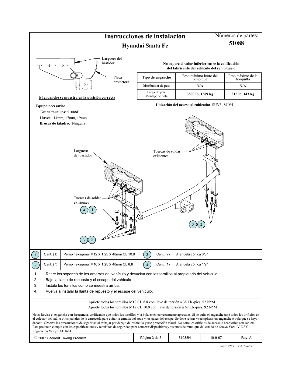 Instrucciones de instalación, Hyundai santa fe, Números de partes | Pro Series 51088 51 Receiver User Manual | Page 3 / 3