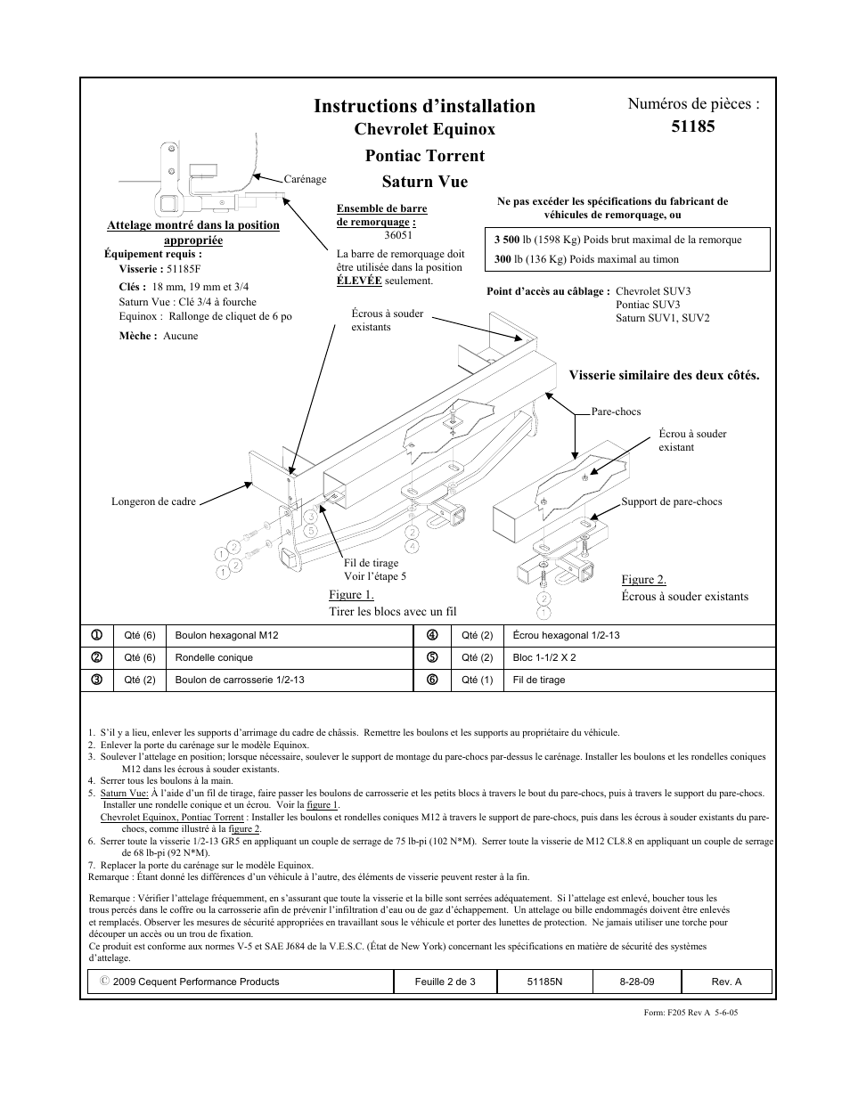 Instructions d’installation, Chevrolet equinox pontiac torrent saturn vue, Numéros de pièces | Pro Series 51185 51 Receiver User Manual | Page 2 / 3