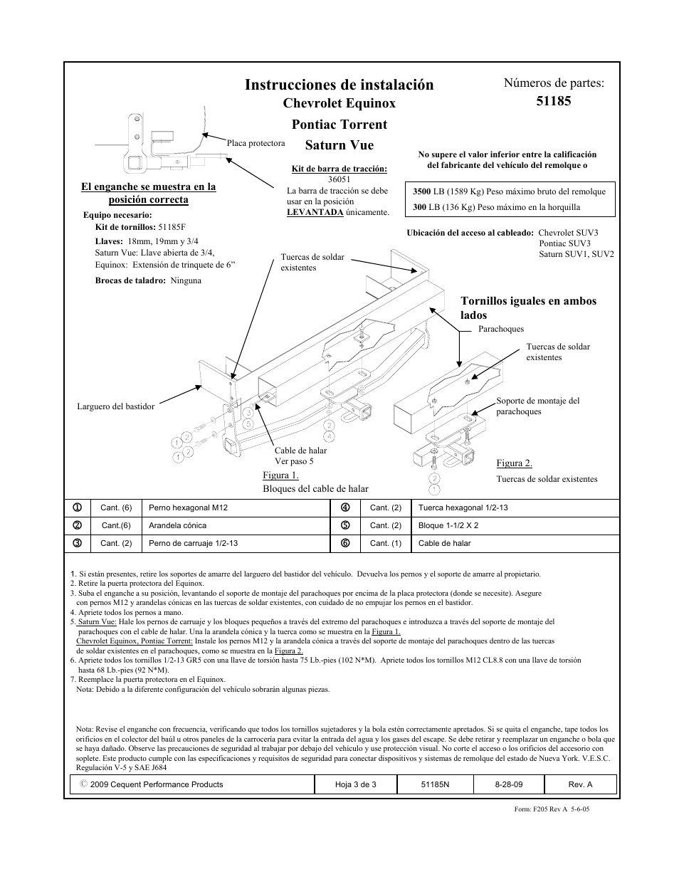 Instrucciones de instalación, Chevrolet equinox pontiac torrent saturn vue, Números de partes | Pro Series 51185 51 Receiver User Manual | Page 3 / 3