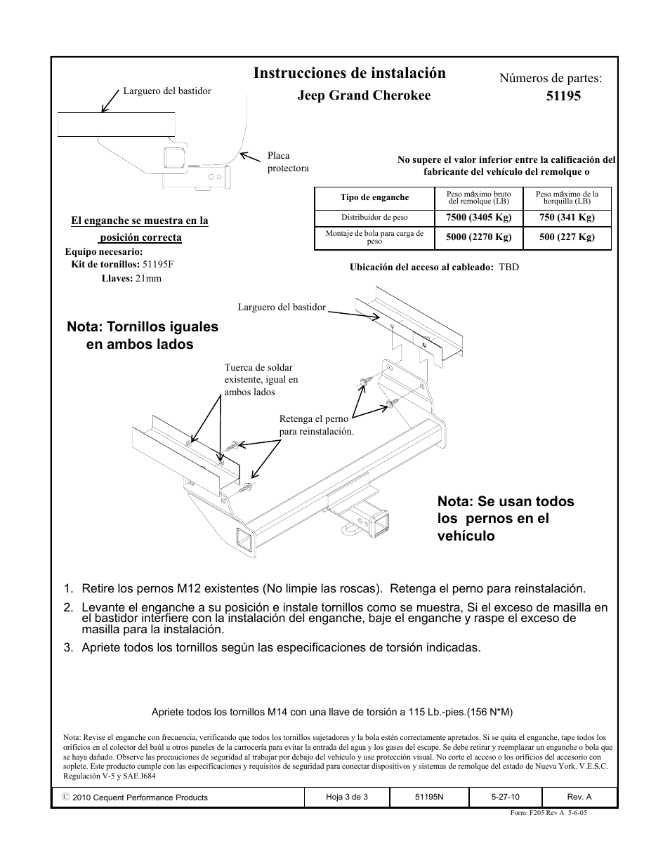 Instrucciones de instalación, Nota: tornillos iguales en ambos lados, Nota: se usan todos los pernos en el vehículo | Números de partes | Pro Series 51195 51 Receiver User Manual | Page 3 / 3