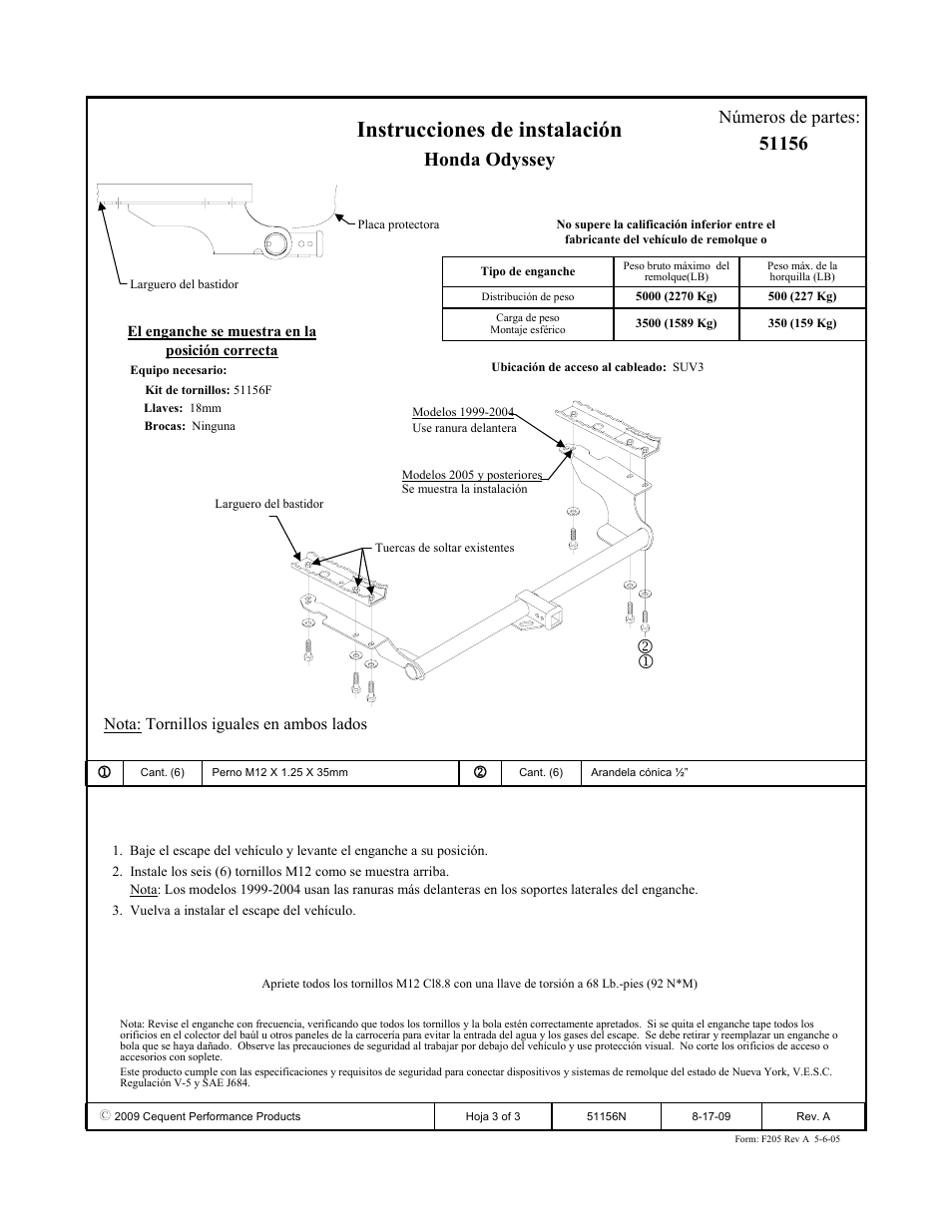 Instrucciones de instalación, Honda odyssey, Números de partes | Pro Series 51156 51 Receiver User Manual | Page 3 / 3