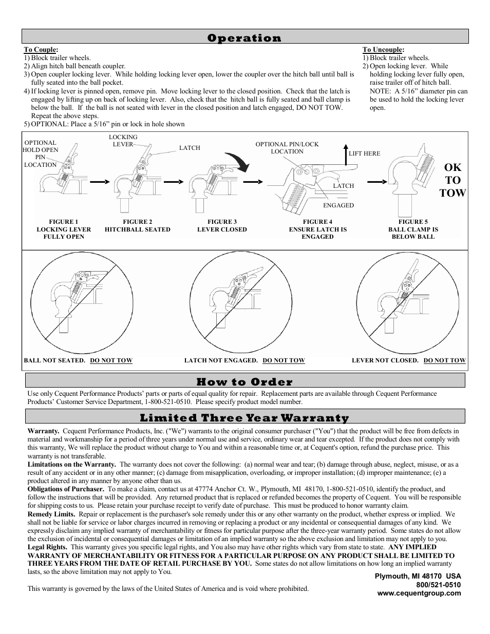 Limited three year warranty, How to order, Operation | Ok to tow | Pro Series AC300 0300 ADJUSTABLE COUPLER User Manual | Page 2 / 6