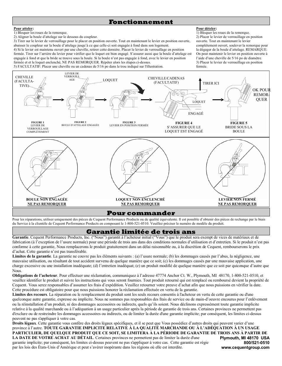 Garantie limitée de trois ans, Pour commander, Fonctionnement | Pro Series AC300 0300 ADJUSTABLE COUPLER User Manual | Page 4 / 6