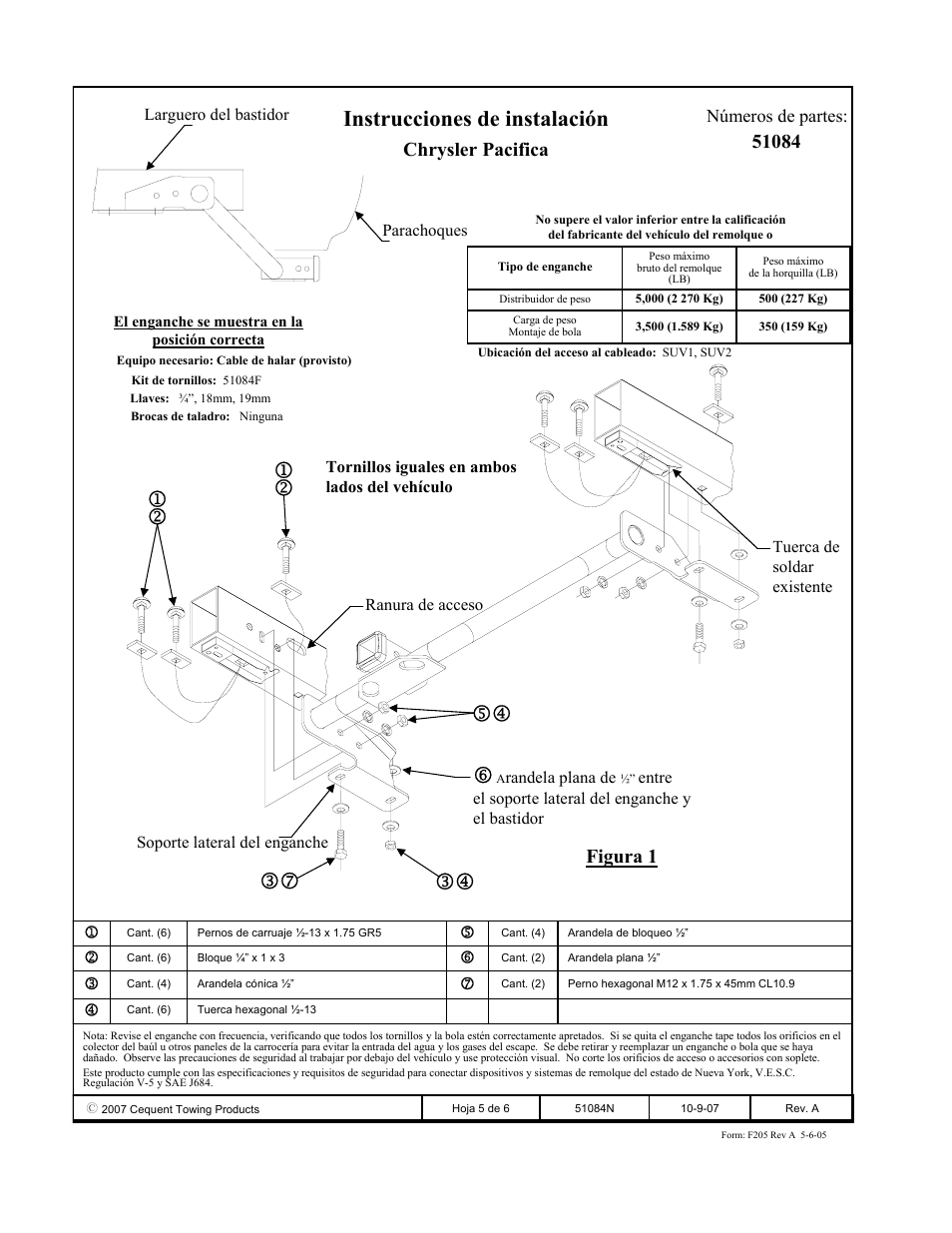 Instrucciones de instalación, Chrysler pacifica, Figura 1 | Números de partes | Pro Series 51084 51 Receiver User Manual | Page 5 / 6