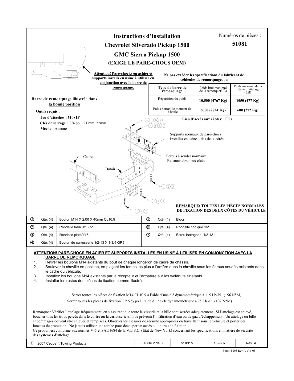 Exige le pare-chocs oem) numéros de pièces | Pro Series 51081 51 Receiver User Manual | Page 2 / 3