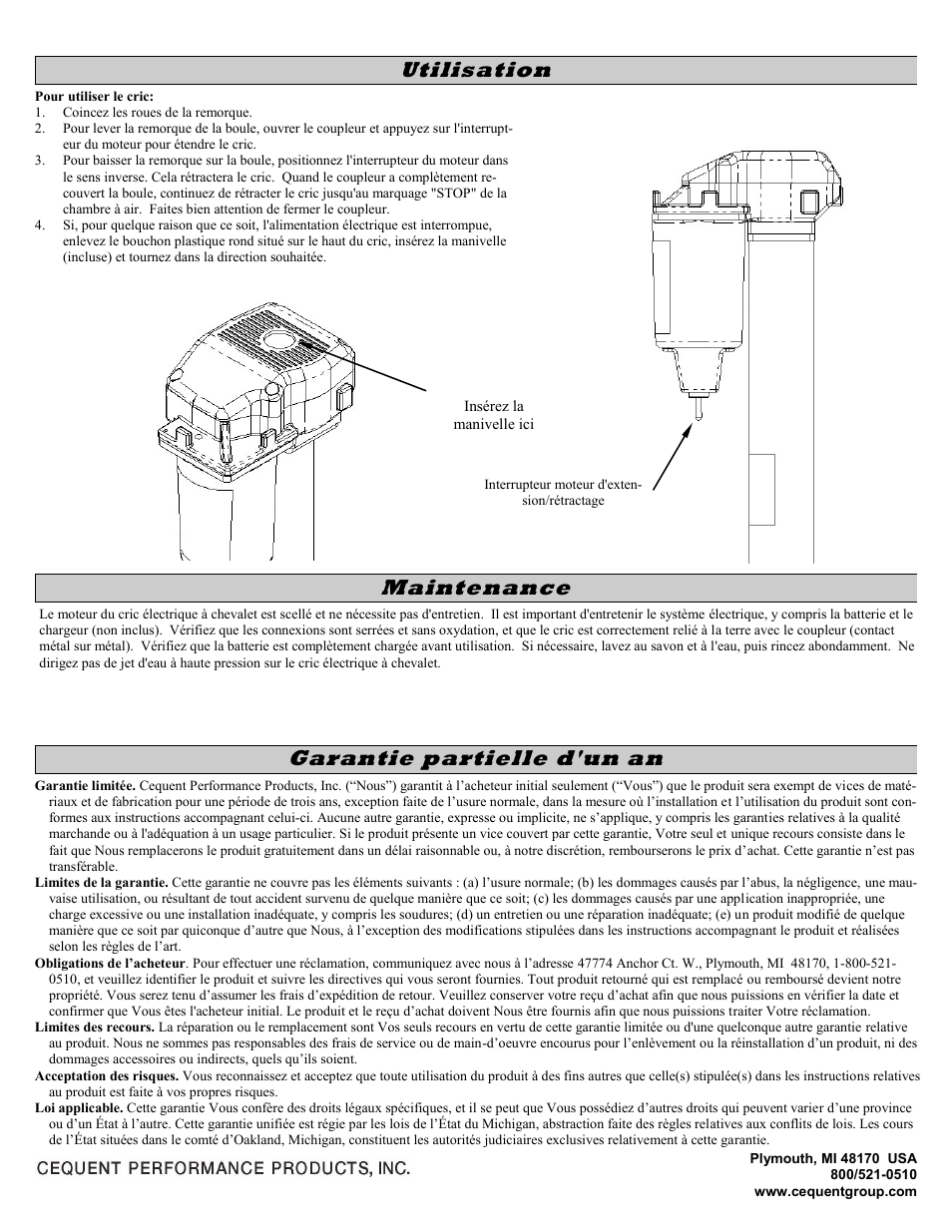 Garantie partielle d'un an, Utilisation, Maintenance | Pro Series 500198 POWERED JAC User Manual | Page 10 / 10