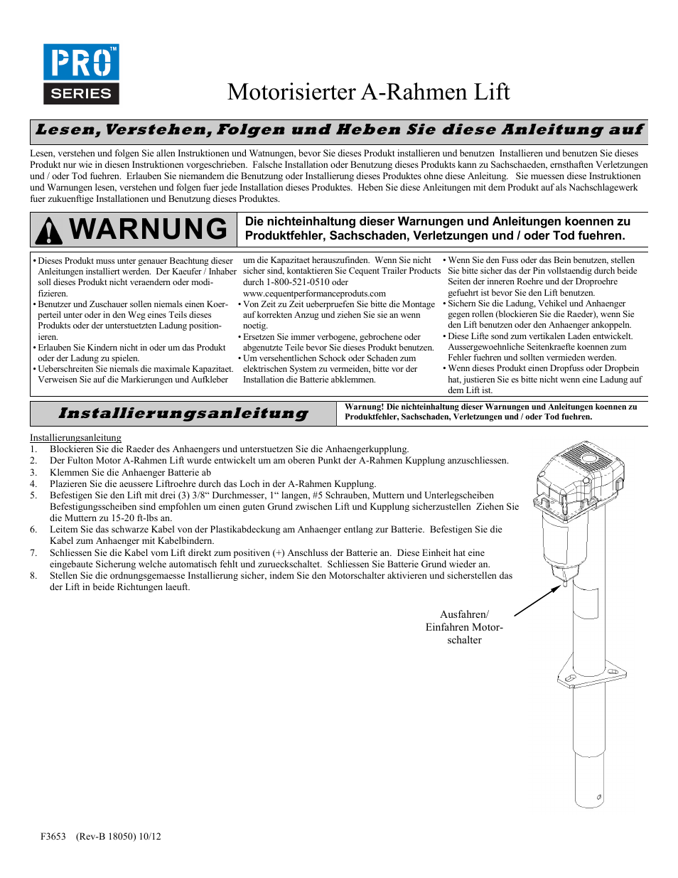 Warnung, Motorisierter a-rahmen lift, Installierungsanleitung | Pro Series 500198 POWERED JAC User Manual | Page 3 / 10