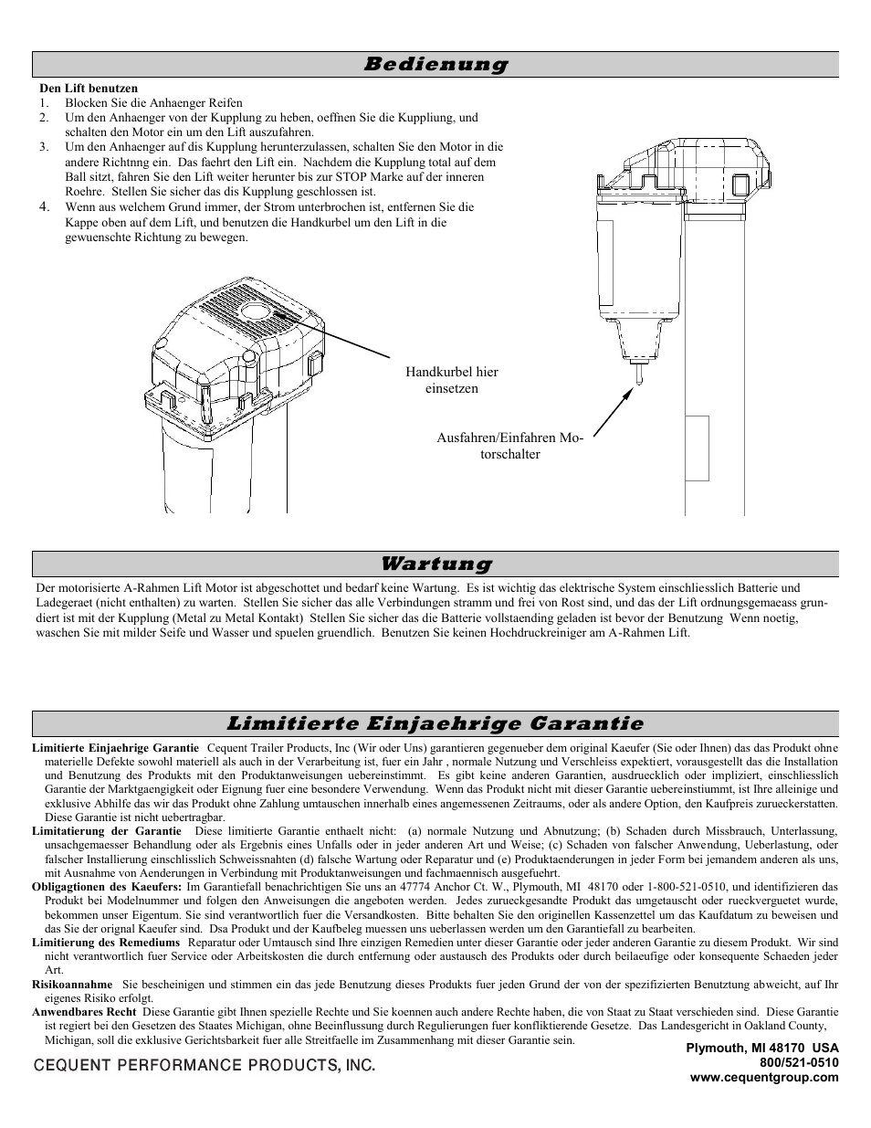 Limitierte einjaehrige garantie, Bedienung, Wartung | Pro Series 500198 POWERED JAC User Manual | Page 4 / 10