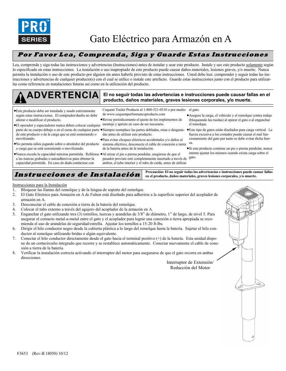 Gato eléctrico para armazón en a, Advertencia, Instrucciones de instalación | Pro Series 500198 POWERED JAC User Manual | Page 5 / 10