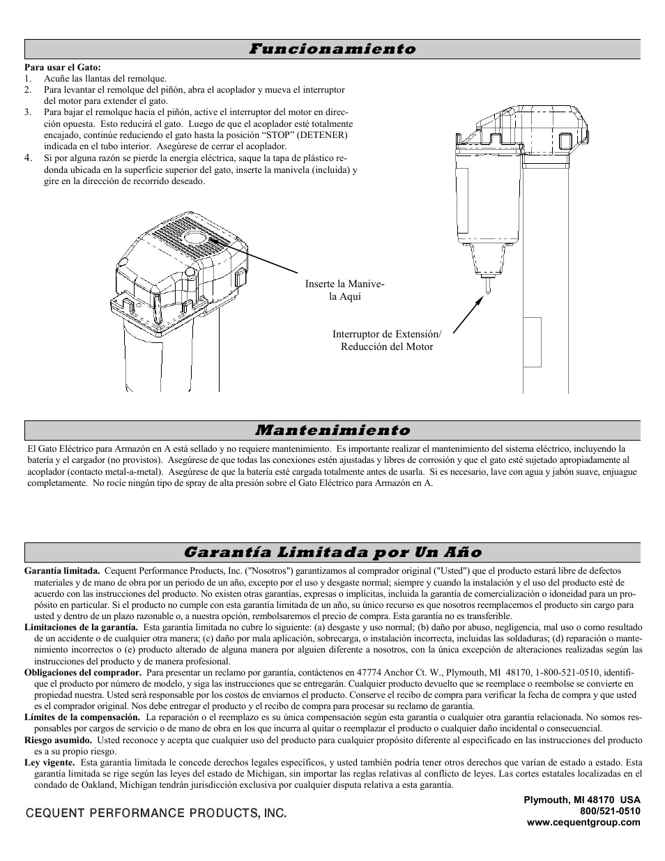 Garantía limitada por un año, Funcionamiento, Mantenimiento | Pro Series 500198 POWERED JAC User Manual | Page 6 / 10