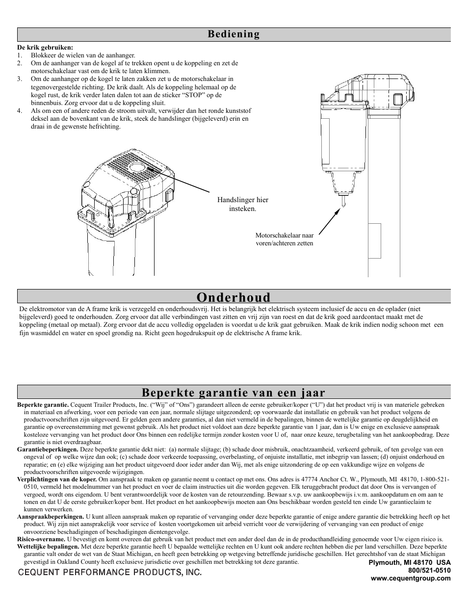 Onderhoud, Beperkte garantie van een jaar, Bediening | Pro Series 500198 POWERED JAC User Manual | Page 8 / 10