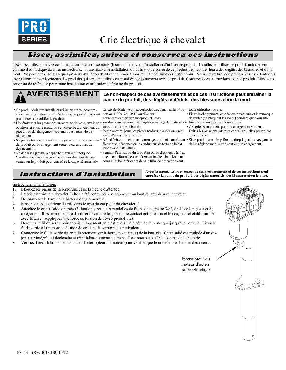 Cric électrique à chevalet, Avertissement, Instructions d'installation | Pro Series 500198 POWERED JAC User Manual | Page 9 / 10