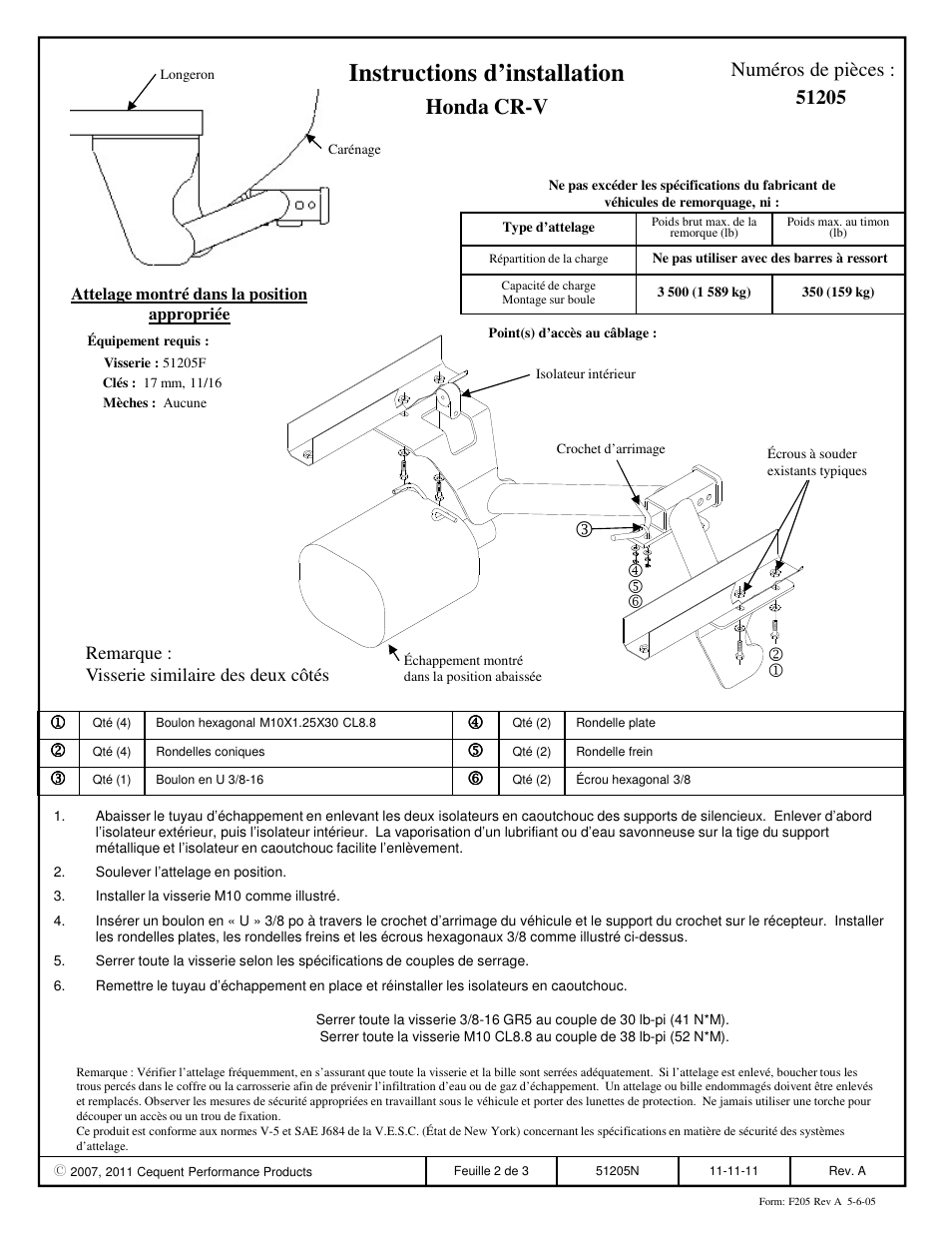 Instructions d’installation, Honda cr-v, Numéros de pièces | Pro Series 51205 51 Receiver User Manual | Page 2 / 3