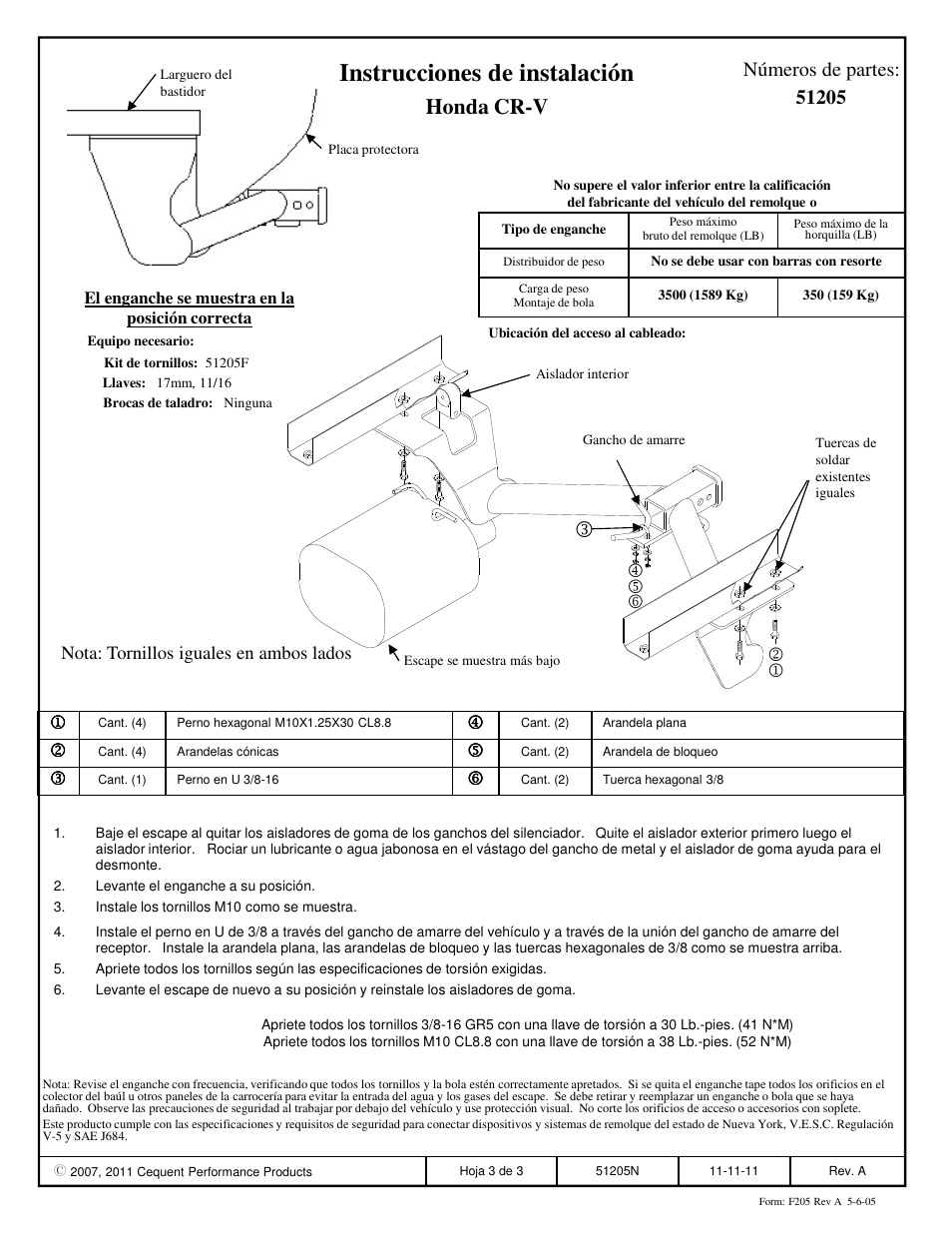Instrucciones de instalación, Honda cr-v, Números de partes | Pro Series 51205 51 Receiver User Manual | Page 3 / 3