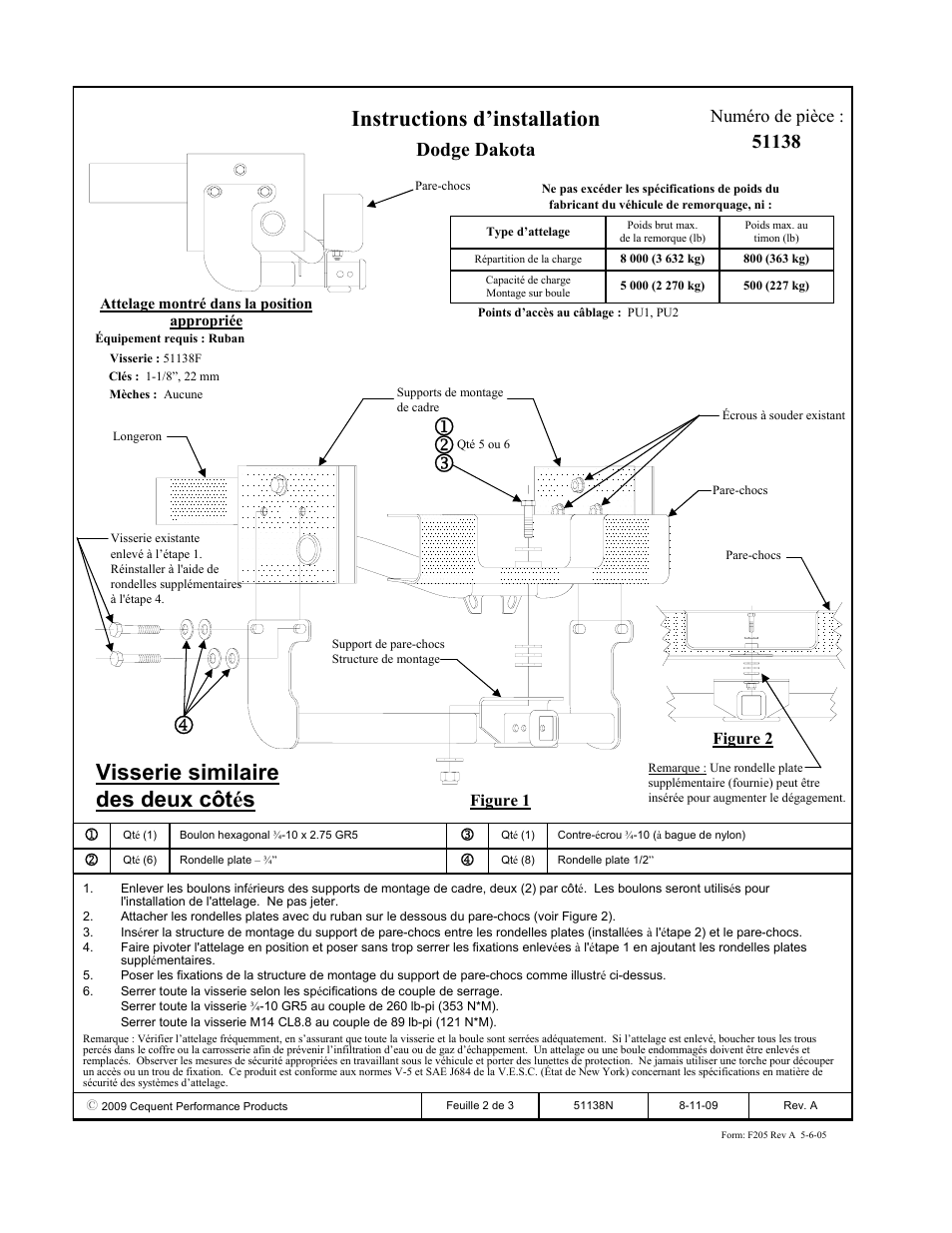 Instructions d’installation, Visserie similaire des deux côtés, Dodge dakota | Numéro de pièce | Pro Series 51138 51 Receiver User Manual | Page 2 / 3