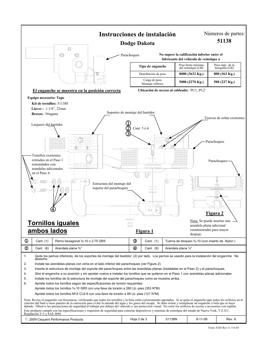 Instrucciones de instalación, Tornillos iguales ambos lados, Dodge dakota | Números de partes | Pro Series 51138 51 Receiver User Manual | Page 3 / 3