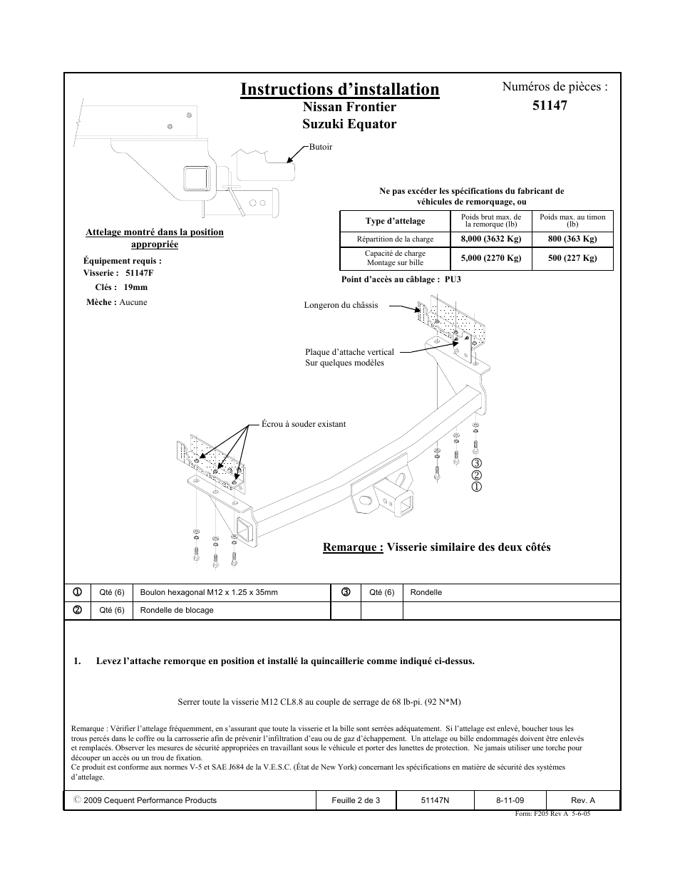 Instructions d’installation, Numéros de pièces | Pro Series 51147 51 Receiver User Manual | Page 2 / 3