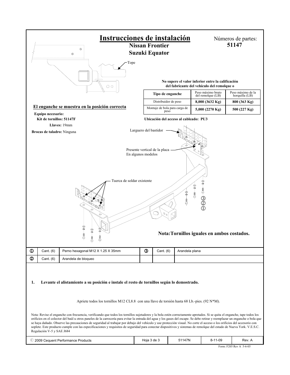 Instrucciones de instalación, Números de partes | Pro Series 51147 51 Receiver User Manual | Page 3 / 3