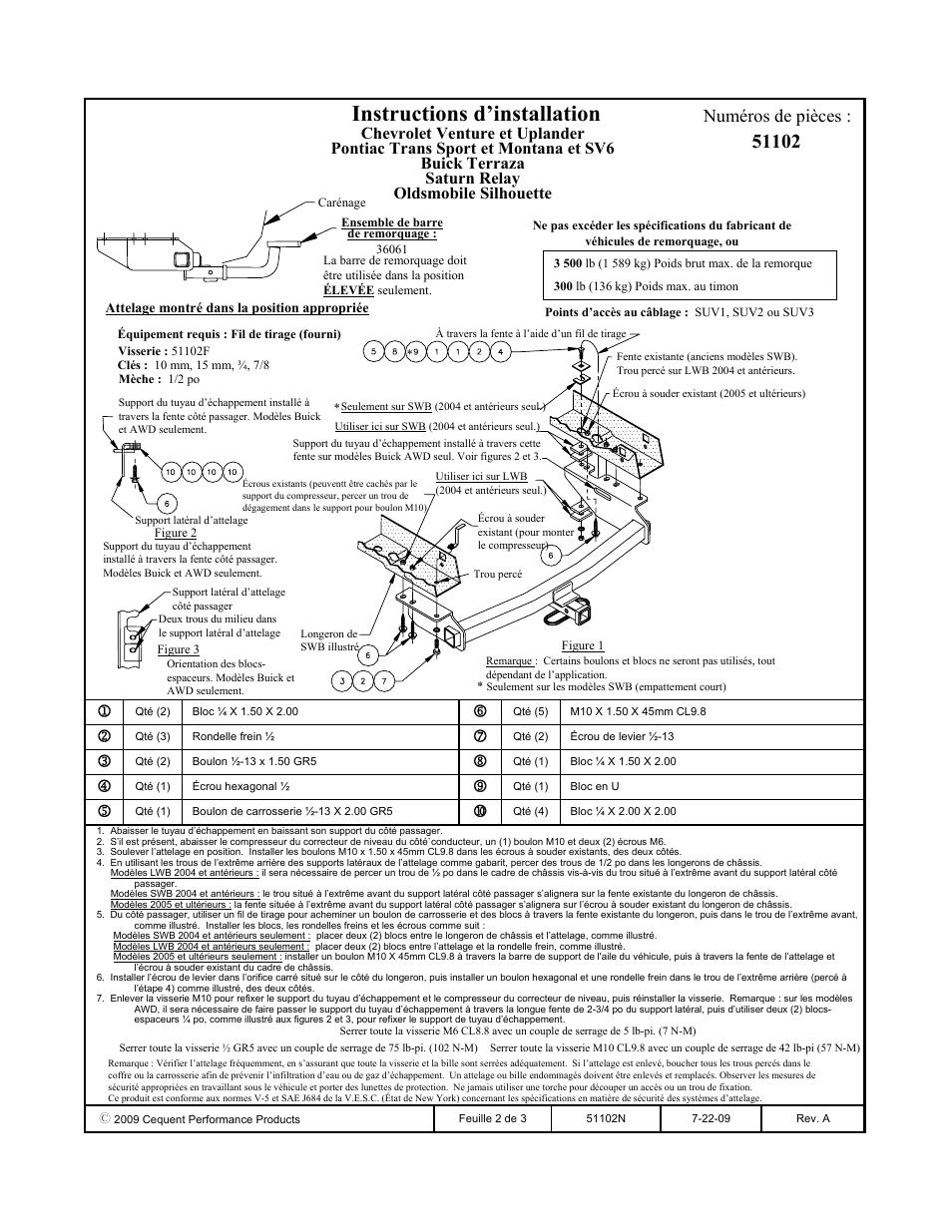 Instructions d’installation, Numéros de pièces | Pro Series 51102 51 Receiver User Manual | Page 2 / 3