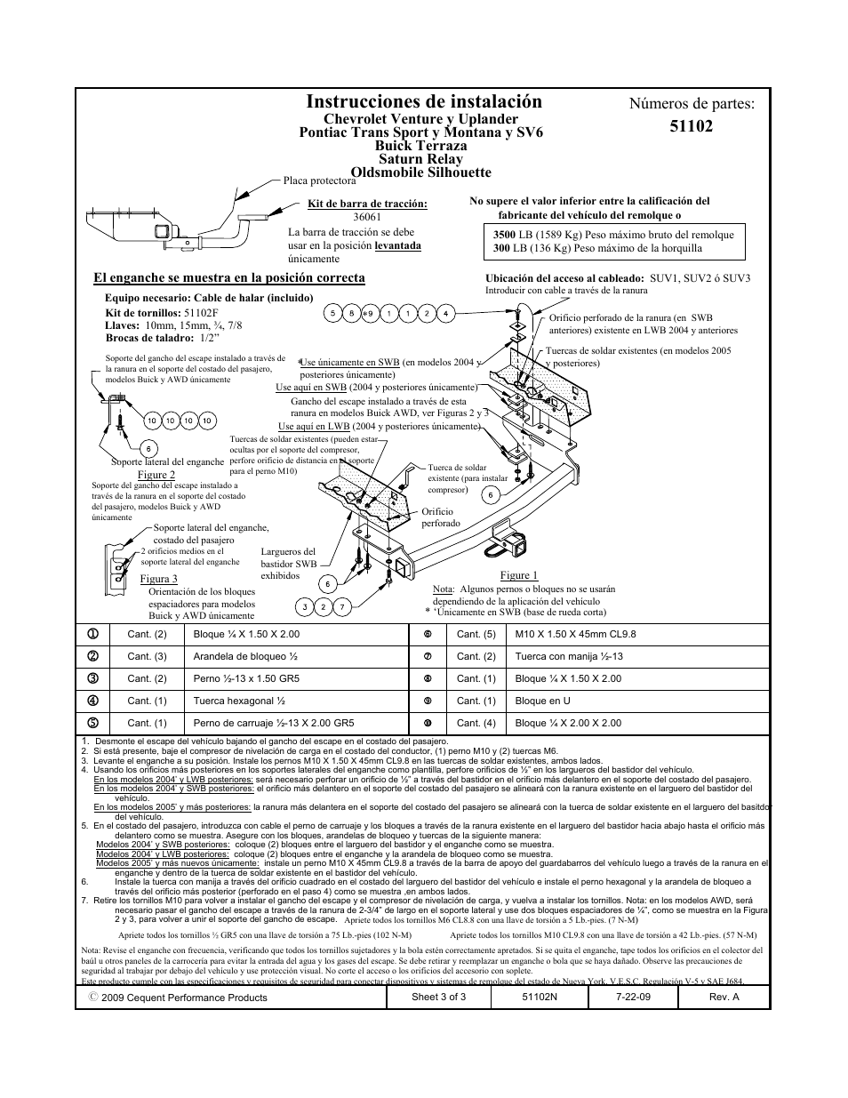 Instrucciones de instalación, Números de partes, El enganche se muestra en la posición correcta | Pro Series 51102 51 Receiver User Manual | Page 3 / 3