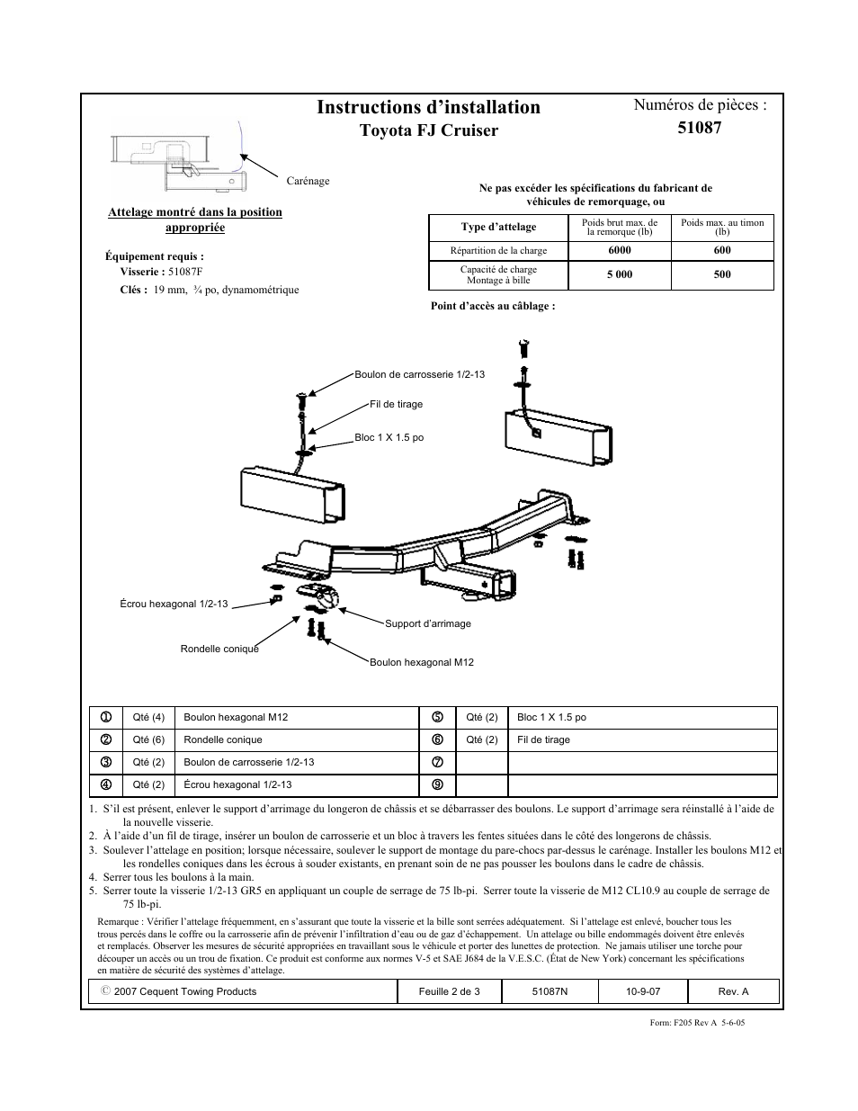 Instructions d’installation, Toyota fj cruiser, Numéros de pièces | Pro Series 51087 51 Receiver User Manual | Page 2 / 3