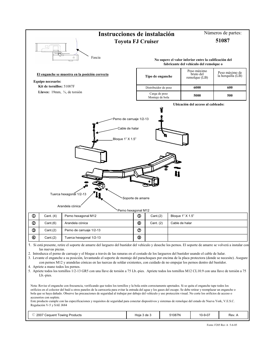 Instrucciones de instalación, Toyota fj cruiser, Números de partes | Pro Series 51087 51 Receiver User Manual | Page 3 / 3