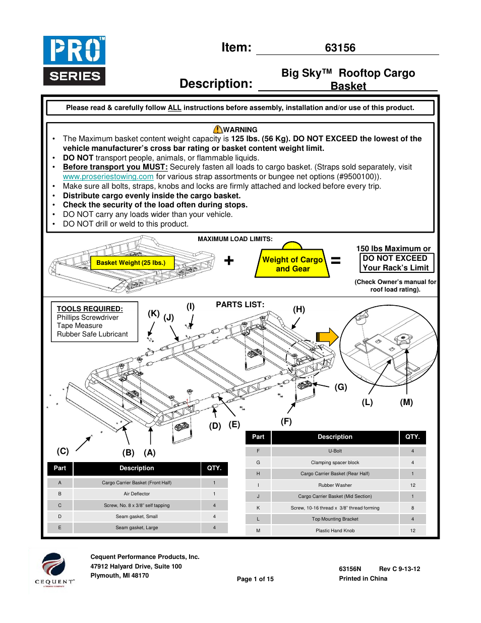 Pro Series 63156 ROOF TOP CARRIER User Manual | 20 pages