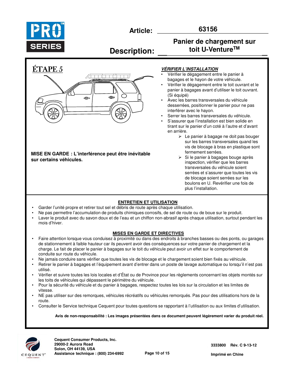 Item: description, Étape 5, Article: panier de chargement sur toit u-venture | Pro Series 63156 ROOF TOP CARRIER User Manual | Page 10 / 20