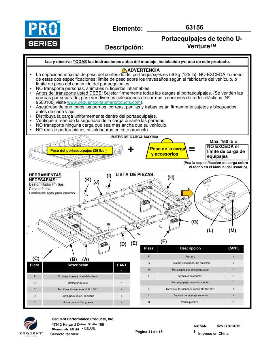 Item: description, Descripción: elemento, Portaequipajes de techo u- venture | A) (j) (h) (f) (g) (d) (e) (i) (k) (b) (c) (l) (m) | Pro Series 63156 ROOF TOP CARRIER User Manual | Page 11 / 20