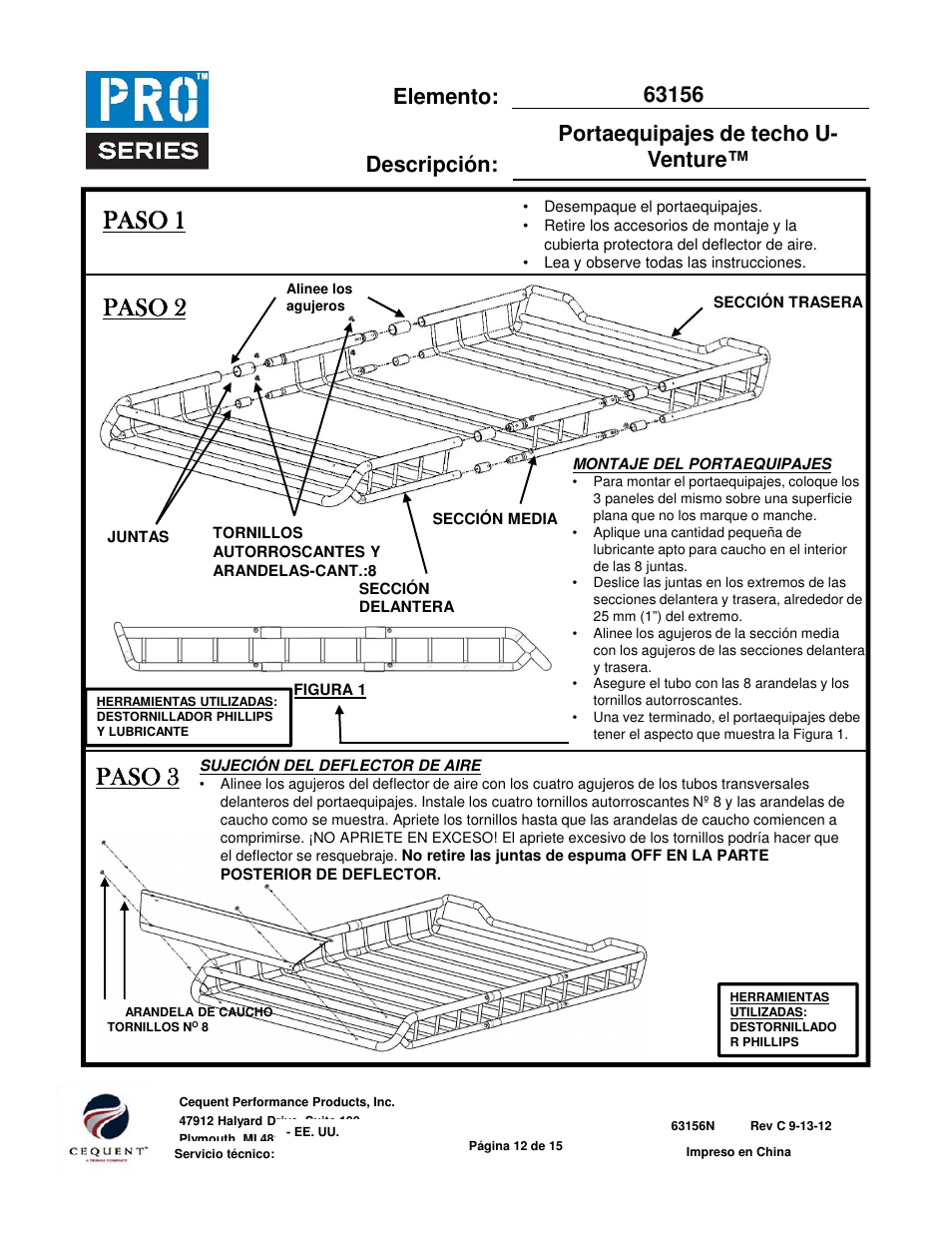 Item: description, Paso 1, Paso 2 | Paso 3 | Pro Series 63156 ROOF TOP CARRIER User Manual | Page 12 / 20