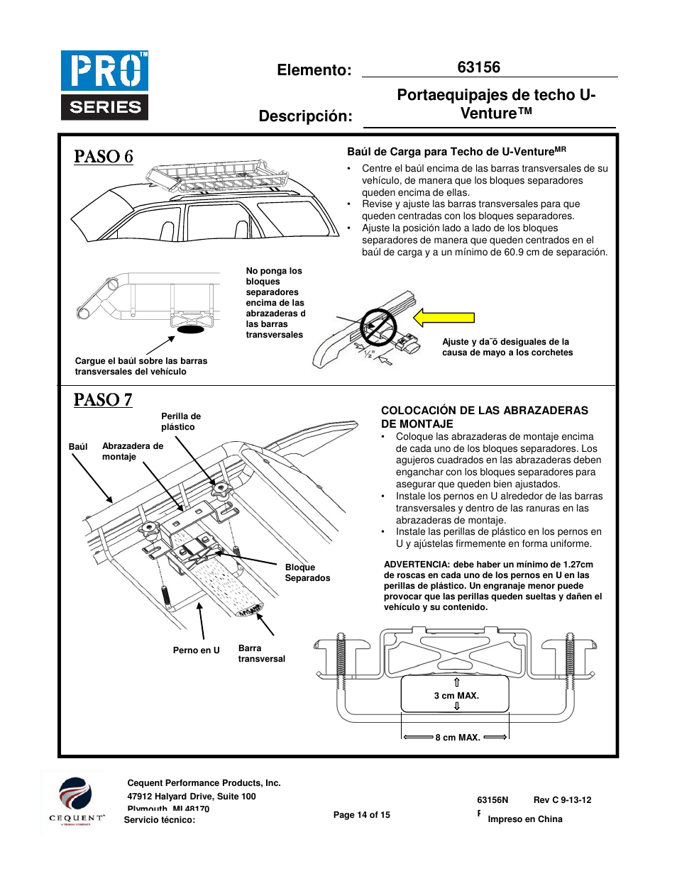 Item: description, Paso 6, Paso 7 | Pro Series 63156 ROOF TOP CARRIER User Manual | Page 14 / 20