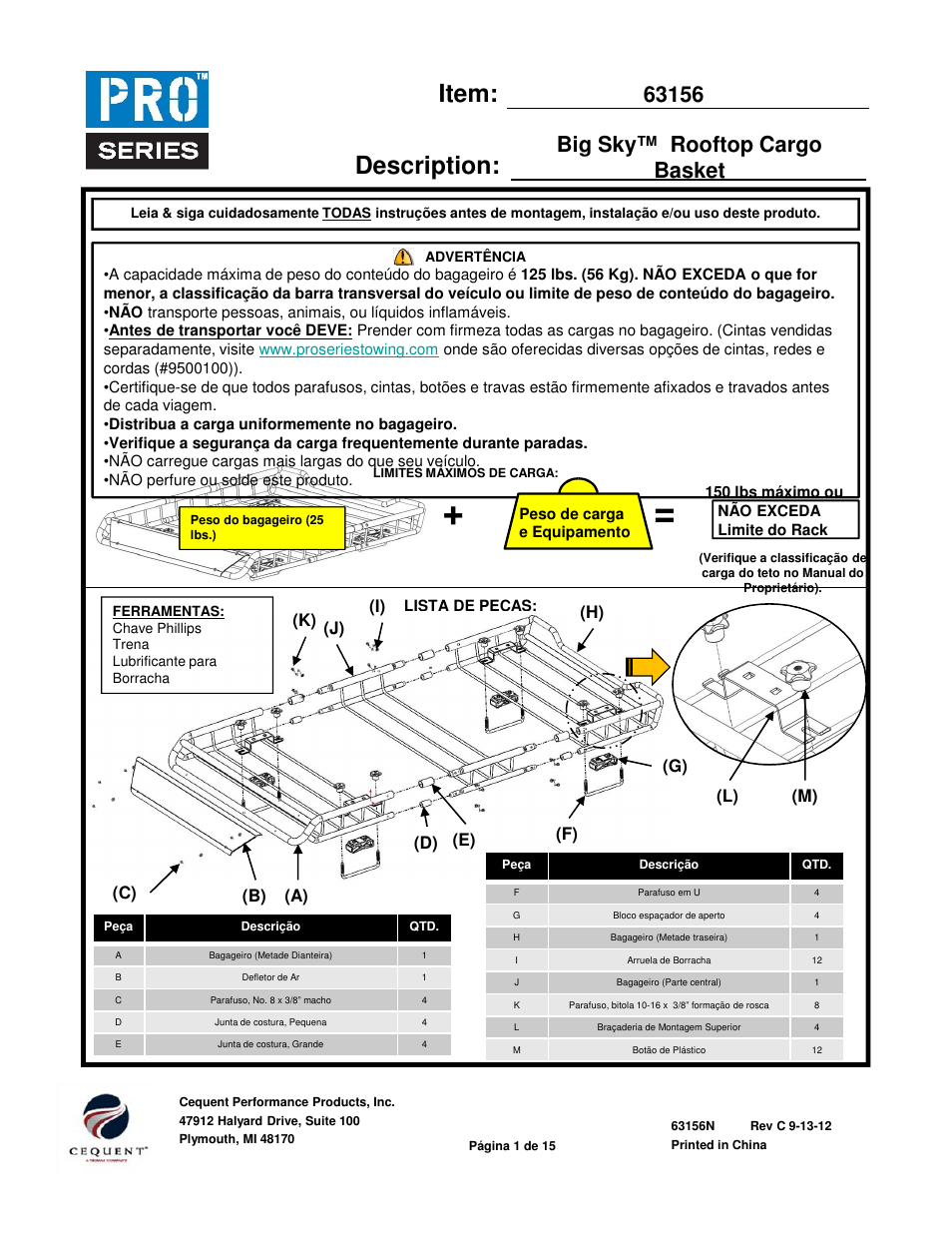 Item: description, A) (j) (h) (f) (g) (d) (e) (i) (k) (b) (c) (l) (m) | Pro Series 63156 ROOF TOP CARRIER User Manual | Page 16 / 20