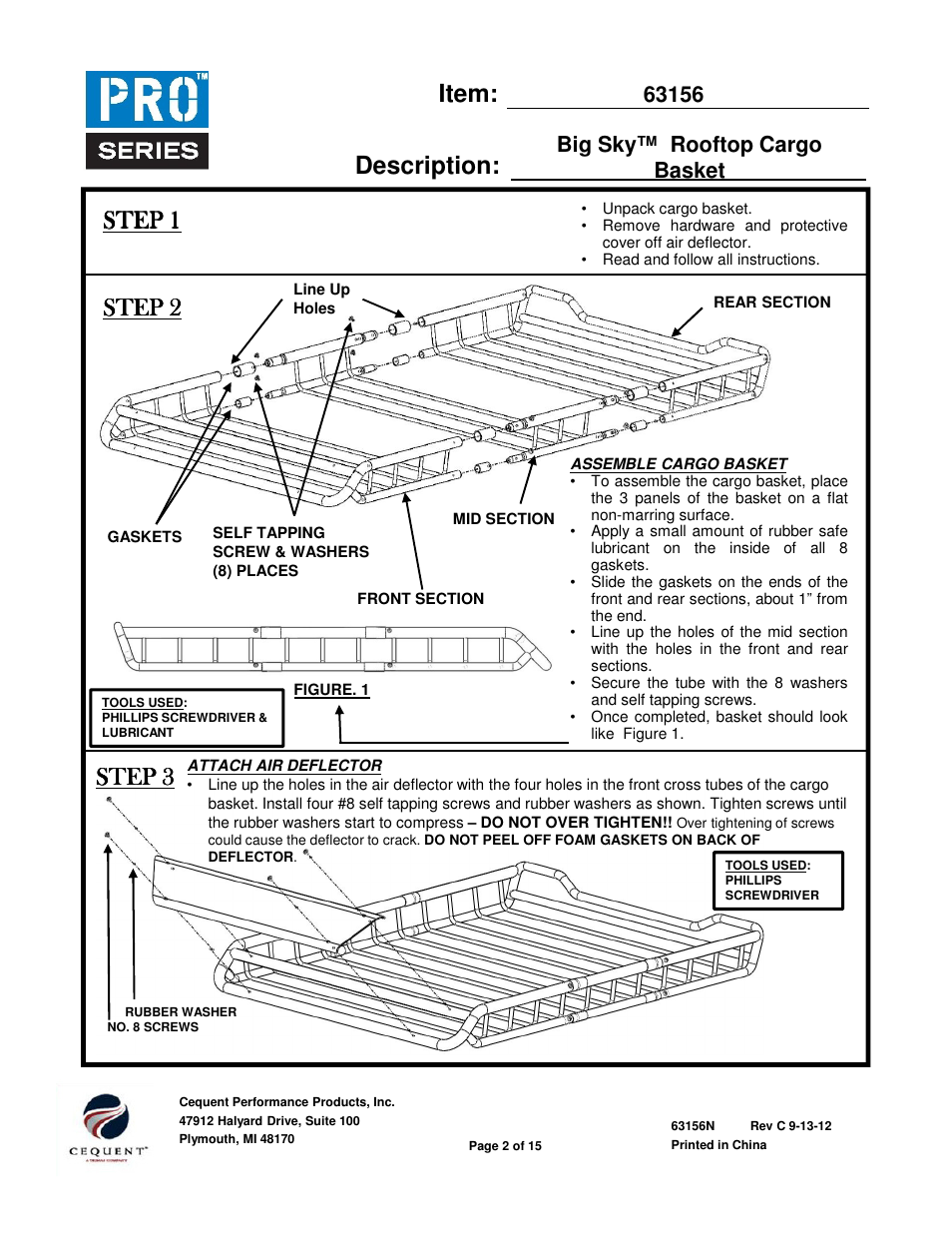 Item: description, Step 1, Step 2 | Step 3 | Pro Series 63156 ROOF TOP CARRIER User Manual | Page 2 / 20