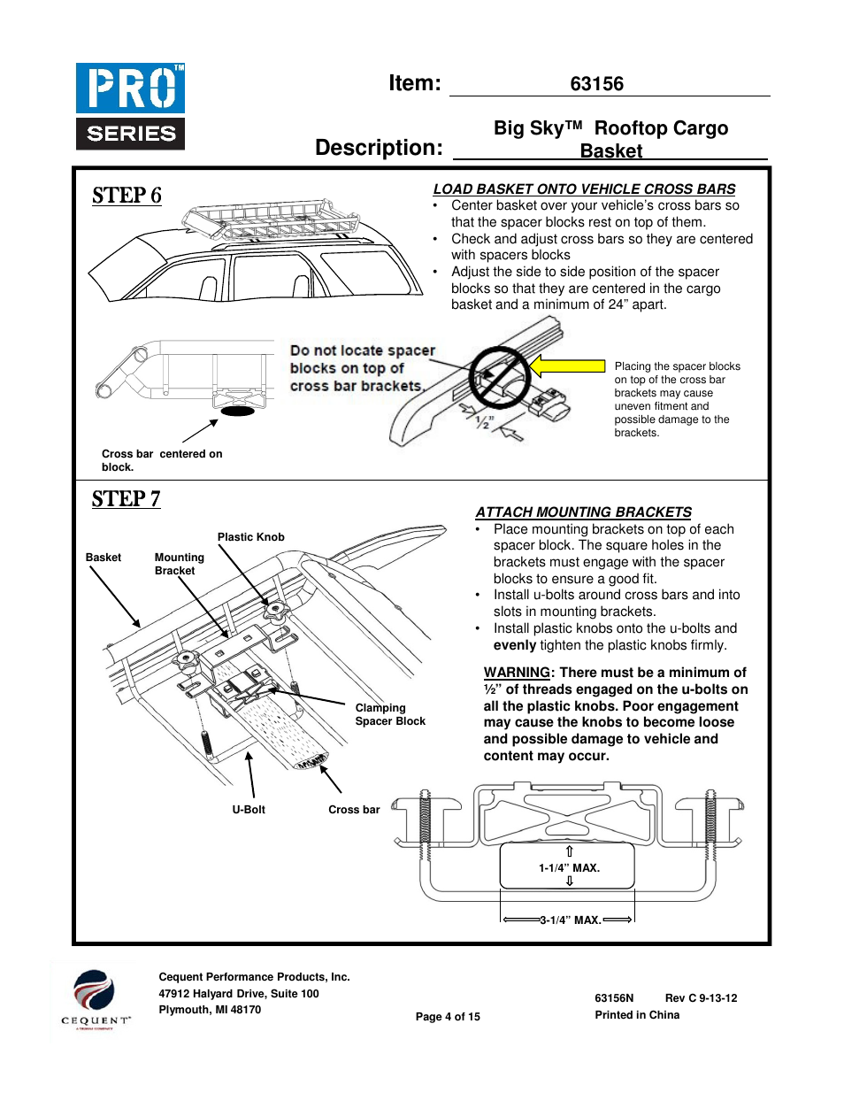 Item: description, Step 6, Step 7 | Pro Series 63156 ROOF TOP CARRIER User Manual | Page 4 / 20