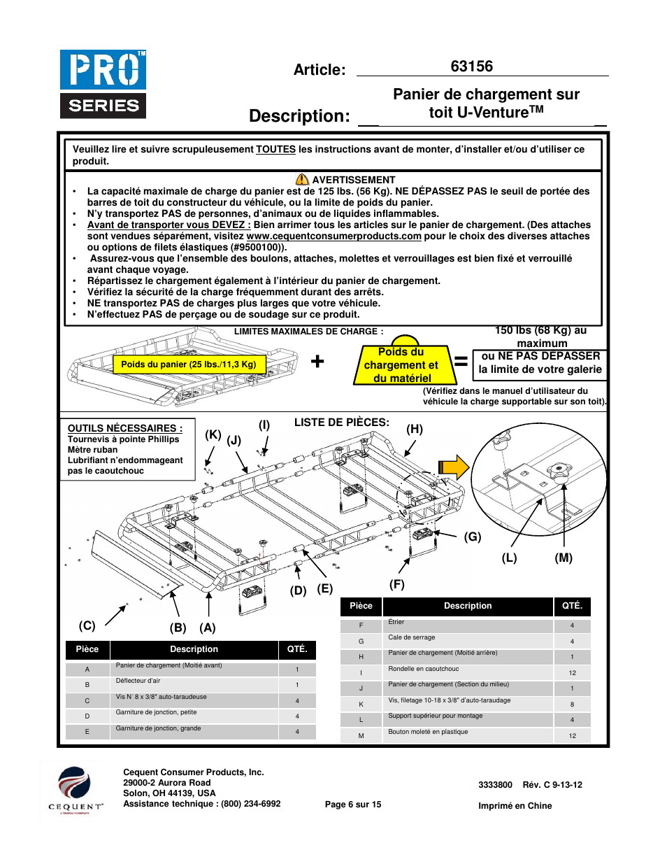Item: description, Article: panier de chargement sur toit u-venture, A) (j) (h) (f) (g) (d) (e) (i) (k) (b) (c) (l) (m) | Pro Series 63156 ROOF TOP CARRIER User Manual | Page 6 / 20