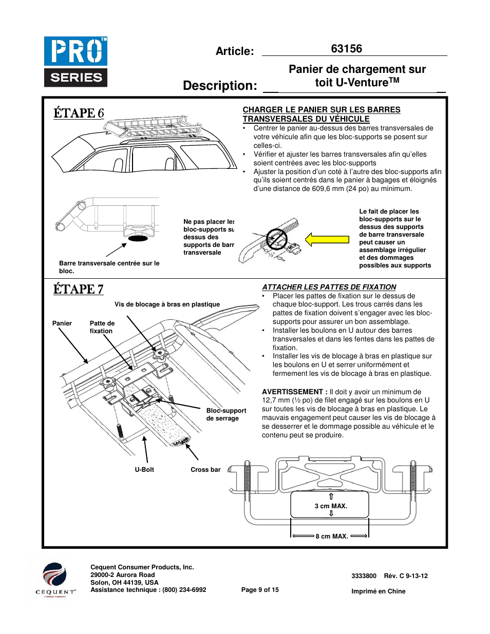 Item: description, Étape 6, Étape | Étape étape 7 7 7 7, Article: panier de chargement sur toit u-venture | Pro Series 63156 ROOF TOP CARRIER User Manual | Page 9 / 20