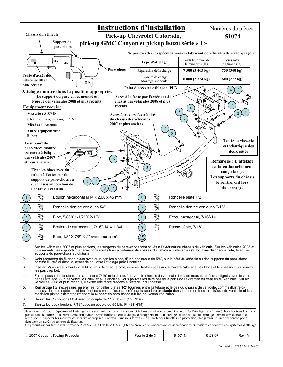 Instructions d’installation, Numéros de pièces, Attelage montré dans la position appropriée | Pro Series 51074 51 Receiver User Manual | Page 2 / 3