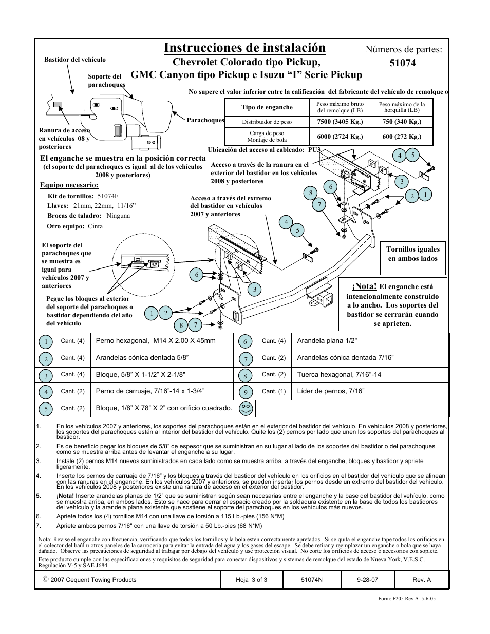 Instrucciones de instalación, Números de partes, Nota | Pro Series 51074 51 Receiver User Manual | Page 3 / 3