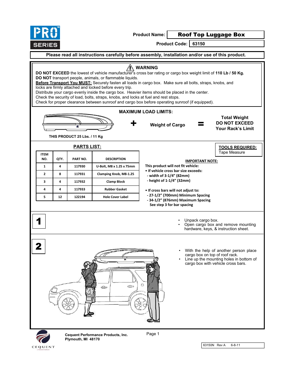Draw-Tite 63150 ROOF TOP CARGO BOX User Manual | 9 pages