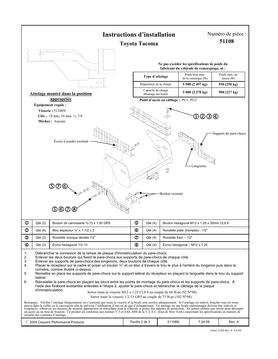 Instructions d’installation, Toyota tacoma, Numéro de pièce | Pro Series 51108 51 Receiver User Manual | Page 2 / 3
