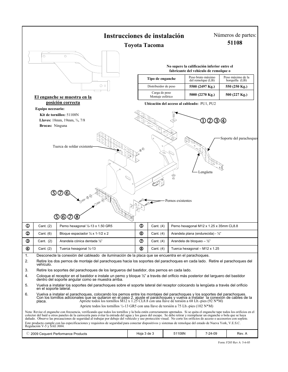 Instrucciones de instalación, Toyota tacoma, Números de partes | Pro Series 51108 51 Receiver User Manual | Page 3 / 3
